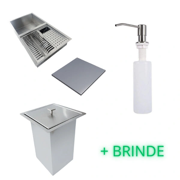 Kit Cuba com Calha 44x84 + Tampa Inox, Lixeira e Dispenser Inox para Embutir + brinde